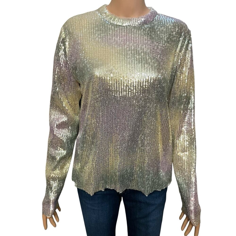 Rachel Zoe Sequin Long Sleeve Top Large Silver Pastel Long Sleeve Party Holiday